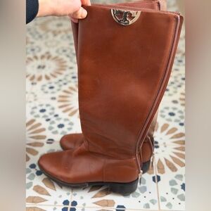 Tory Burch Brown Leather Tall Riding Boots with Logo Medallion